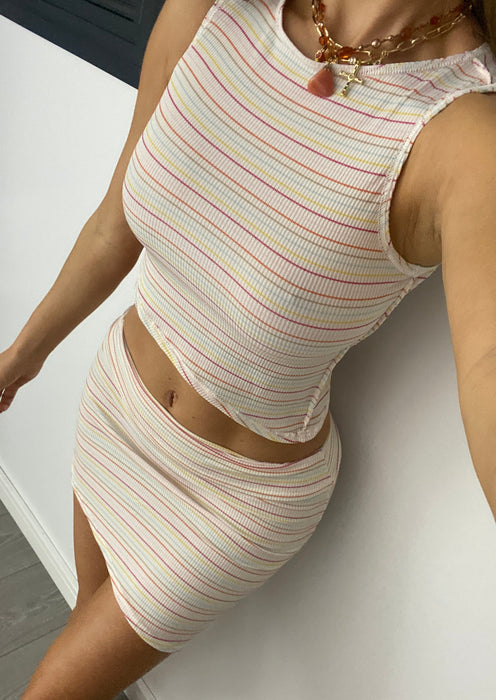 Asymmetric Mini & Vest Co-Ord in Rainbow Candy Stripe