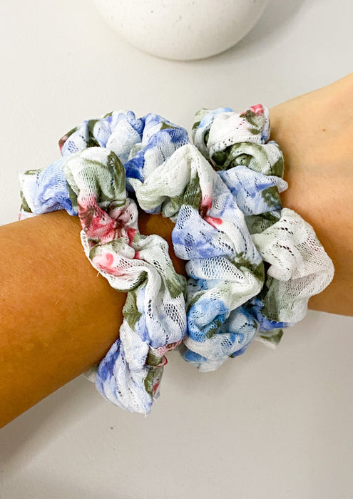 White & Pastel Floral Lace Scrunchie