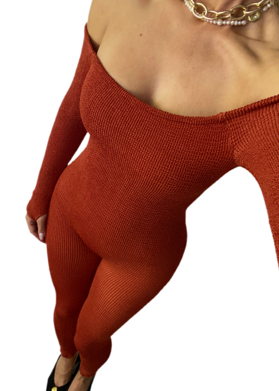 Bardot Catsuit in Terracotta Crinkle