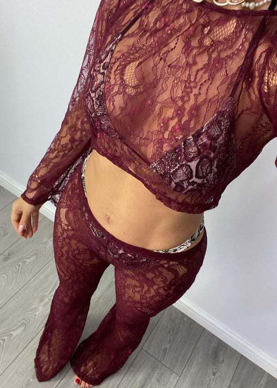 Cropped Top & Flares in Burgundy Lace