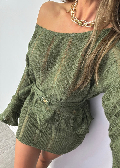 Belted Jumper & Mini Co-Ord Khaki Knit