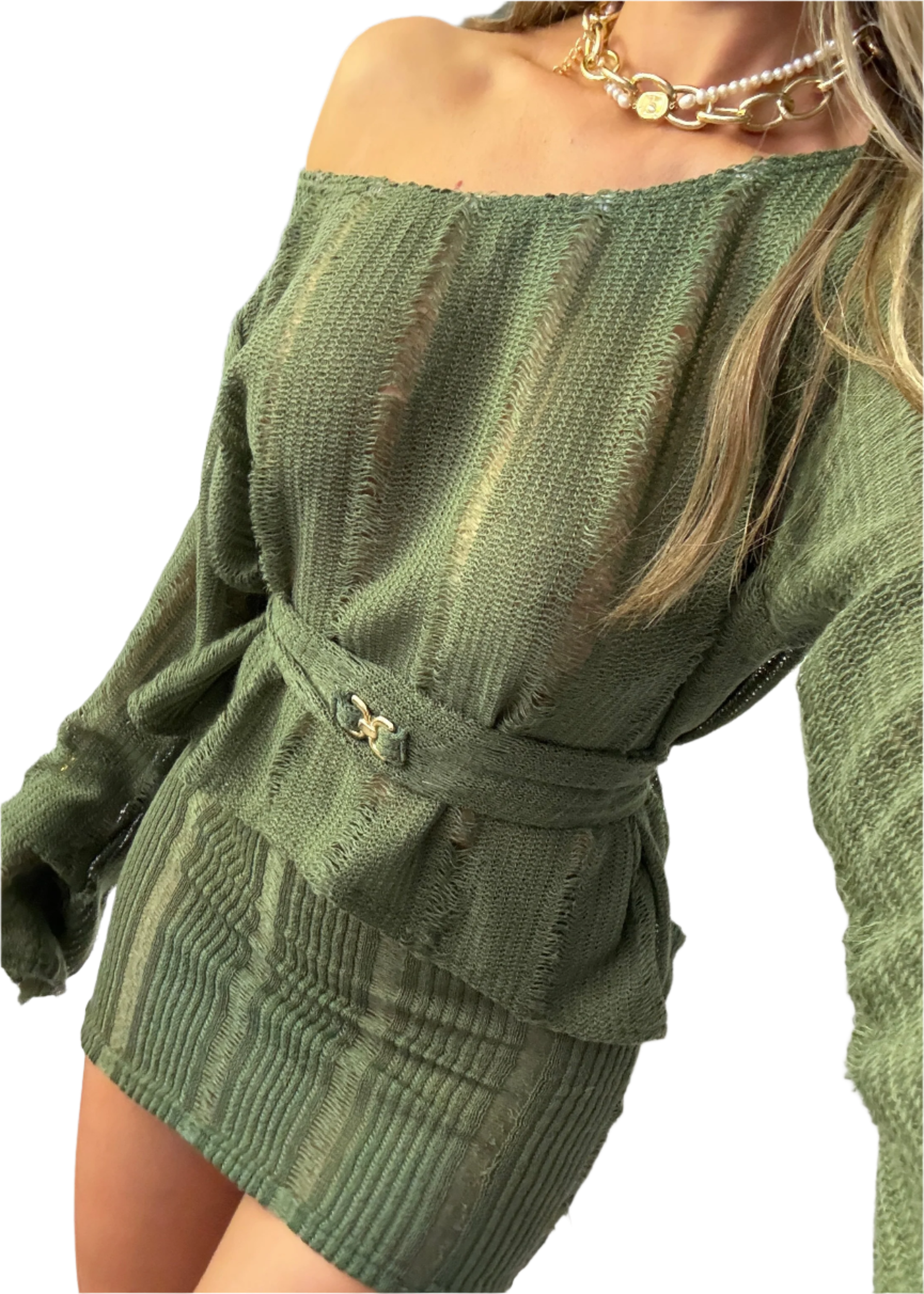 Belted Jumper & Mini Co-Ord Khaki Knit