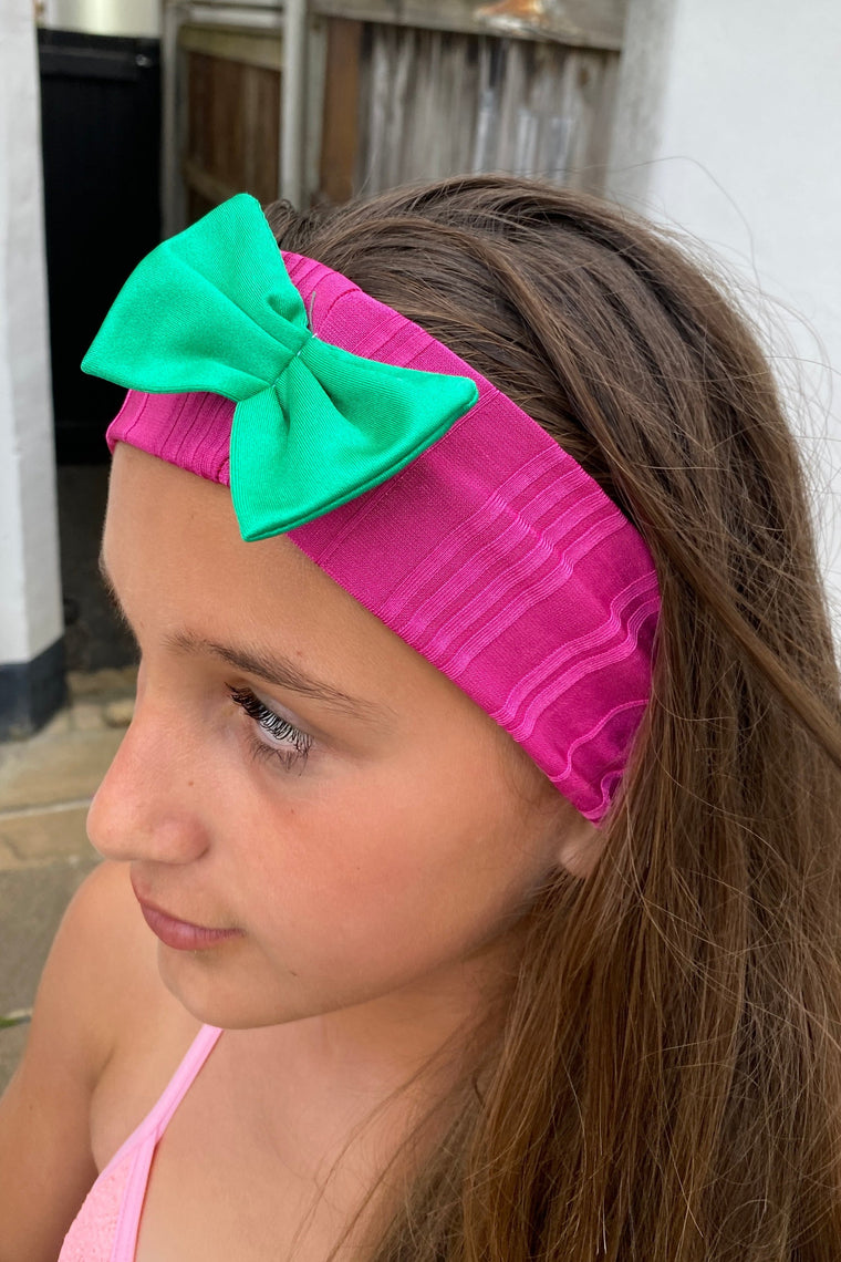 Rib Lycra Bow Headband in Fuschia & Green