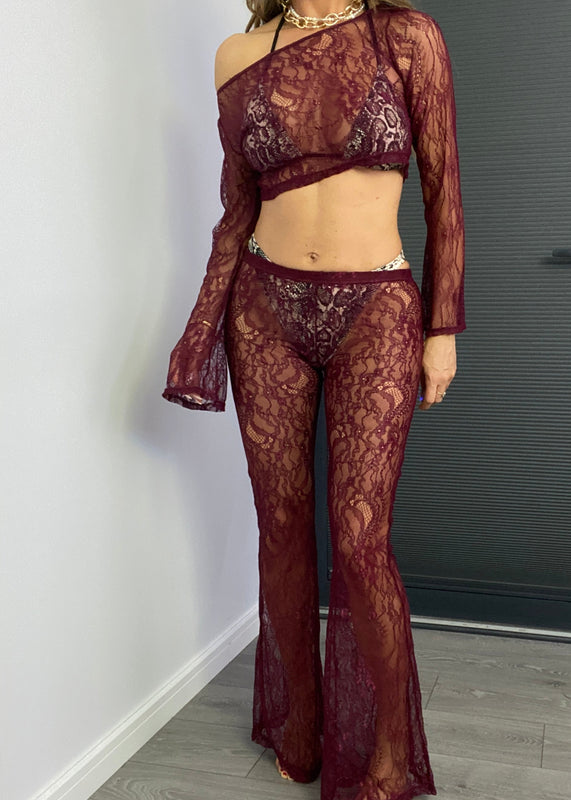 Cropped Top & Flares in Burgundy Lace