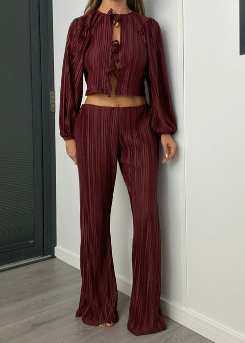 Tie Front Blouse & Trousers in Burgundy Plisse