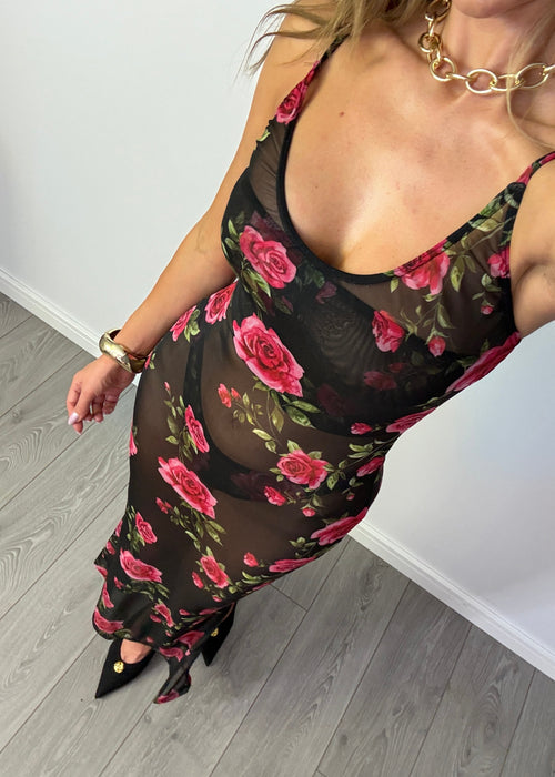 Fishtail Maxi Dress in Rose Blooms