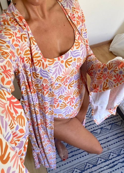 Cami Swimsuit & Maxi Kimono in Coral Print