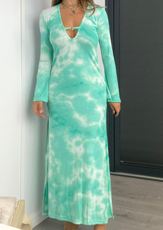 Beach Breeze Flare Sleeve Maxi Dress in Aqua