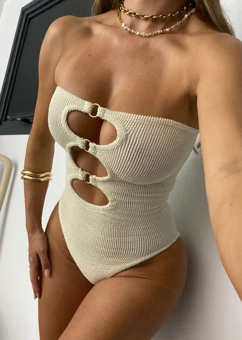 Crinkle Cut Outs Strapless Onepiece in Coconut Cream