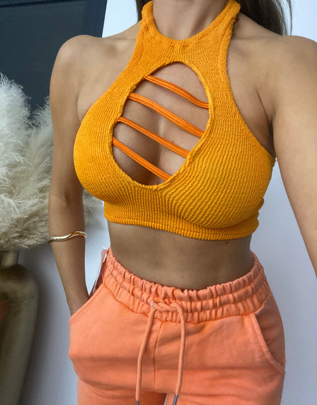 Caged Halter Crinkle Crop Top in Burnt Orange