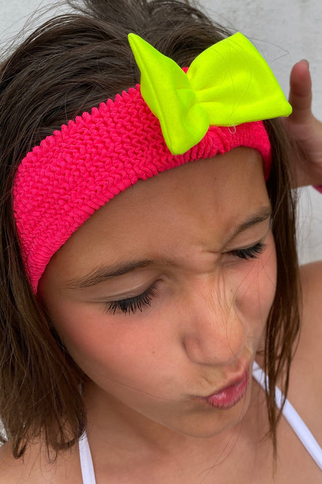 Crinkle Bow Headband Neon Coral & Yellow