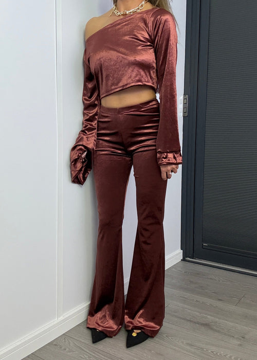 Flares & Frill Cuff Top Co-Ord in Wine Velvet