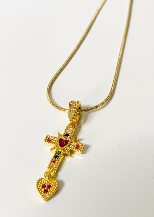 Jewelled Cross & Heart Necklace