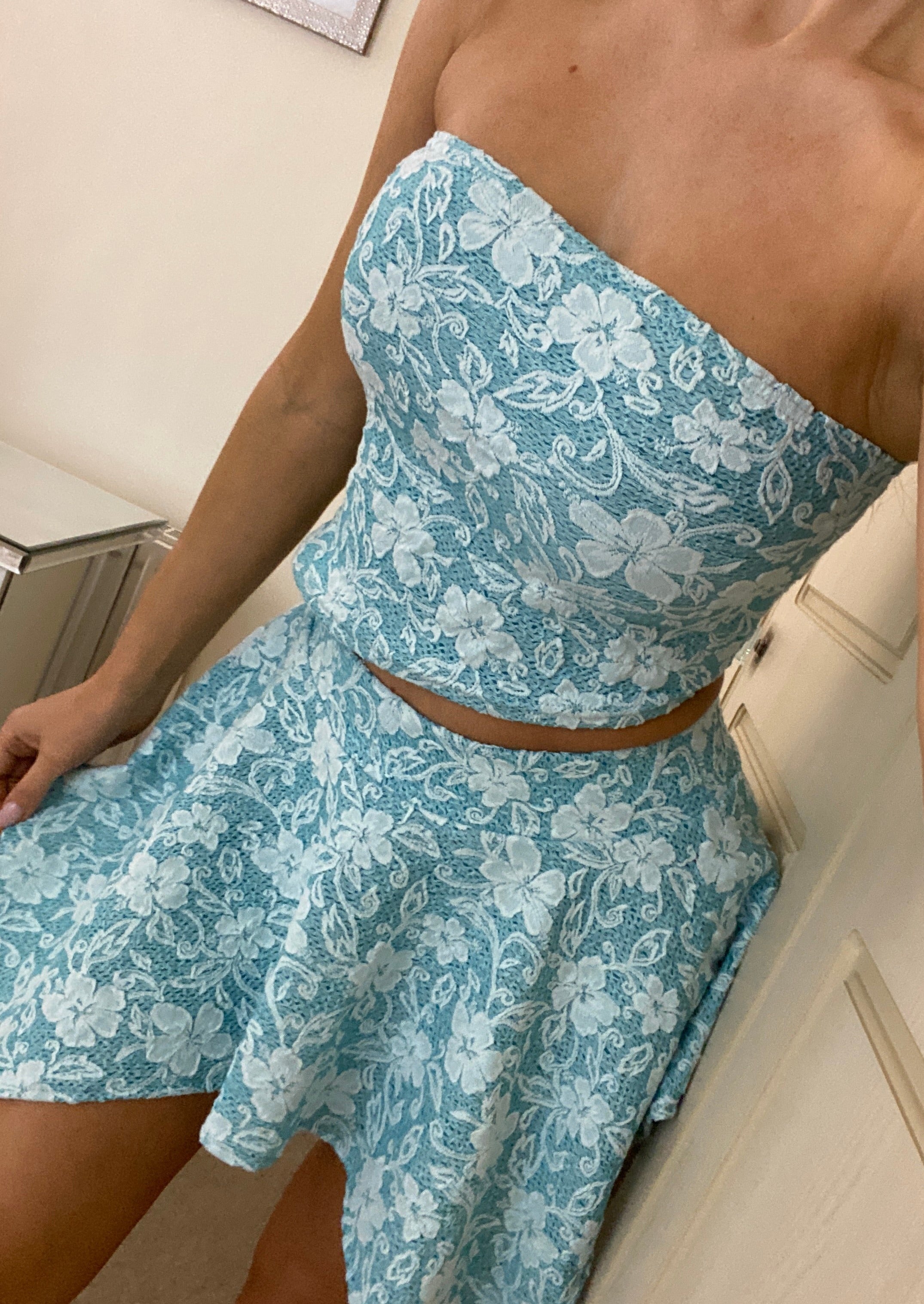 Hanky Hem Bandeau Co-Ord in Sky Blue Textured Lace Knit