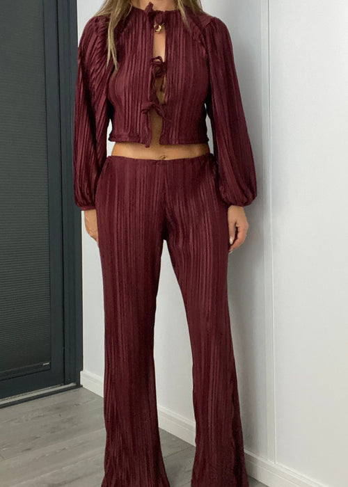 Tie Front Blouse & Trousers in Burgundy Plisse