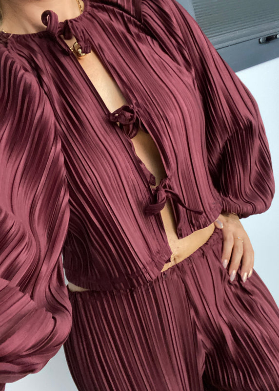 Tie Front Blouse & Trousers in Burgundy Plisse