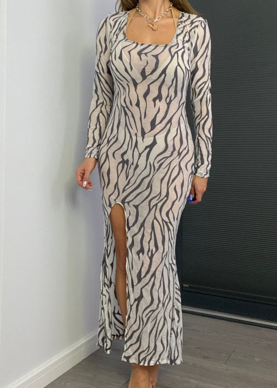 Long Sleeve Split Fishtail Maxi Dress in Zebra