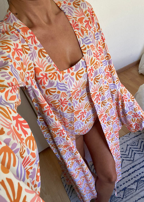 Cami Swimsuit & Maxi Kimono in Coral Print