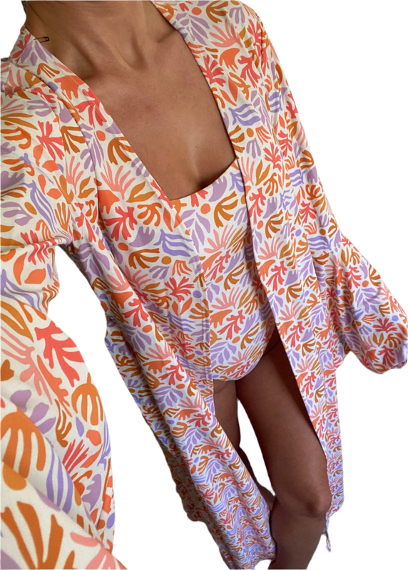 Cami Swimsuit & Maxi Kimono in Coral Print