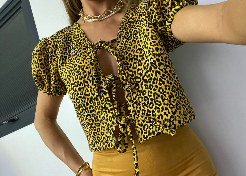 Tie Up Puff Sleeve Top in Textured Leopard