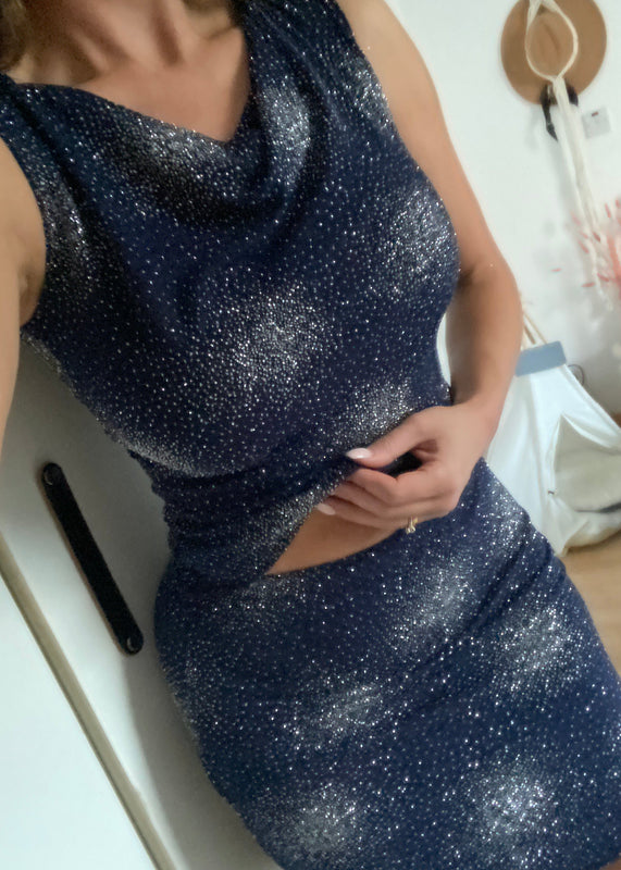 Y2K Co-Ord in Navy Starburst Glitter