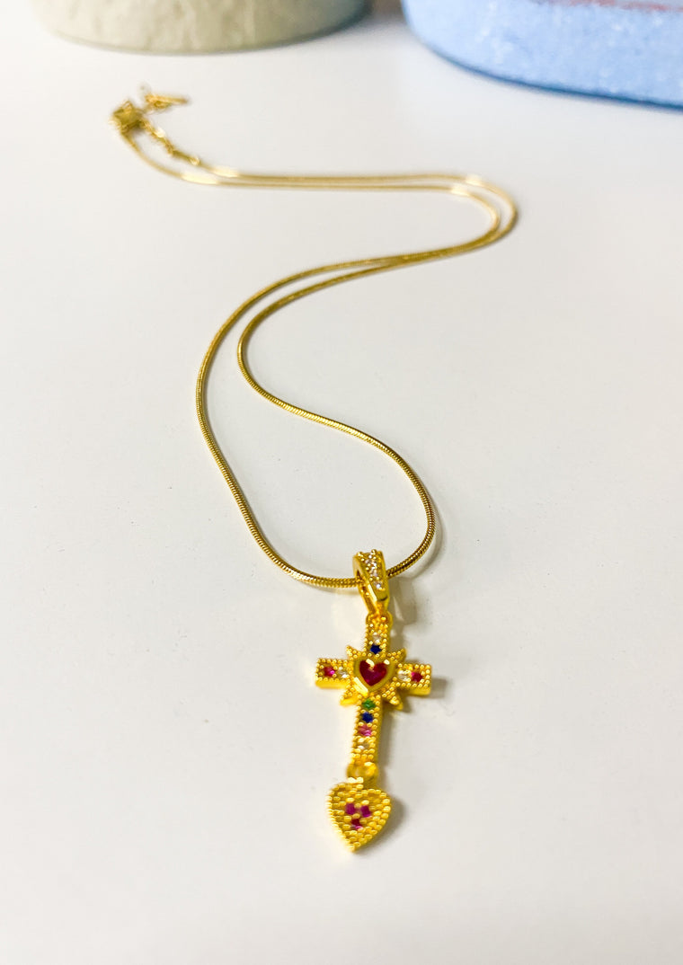 Jewelled Cross & Heart Necklace