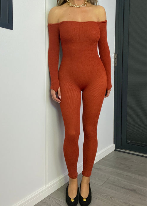 Bardot Catsuit in Terracotta Crinkle