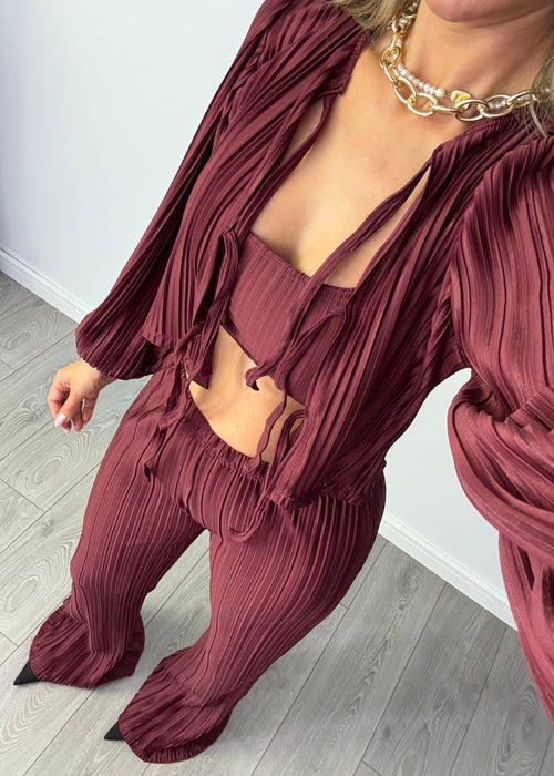 Tie Up Blouse & Trousers Set Burgundy Plisse