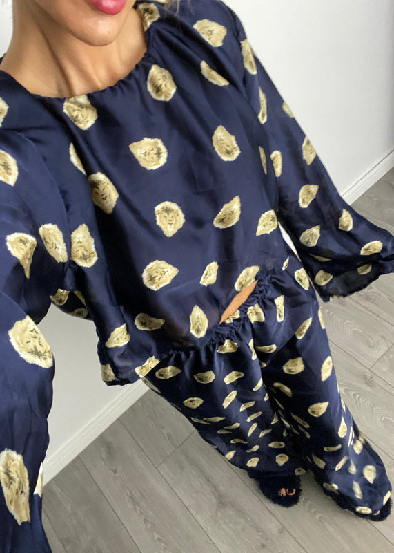 Navy Lion Satin PJ Suit