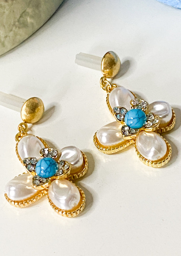 Pearl Cross Drop Earrings