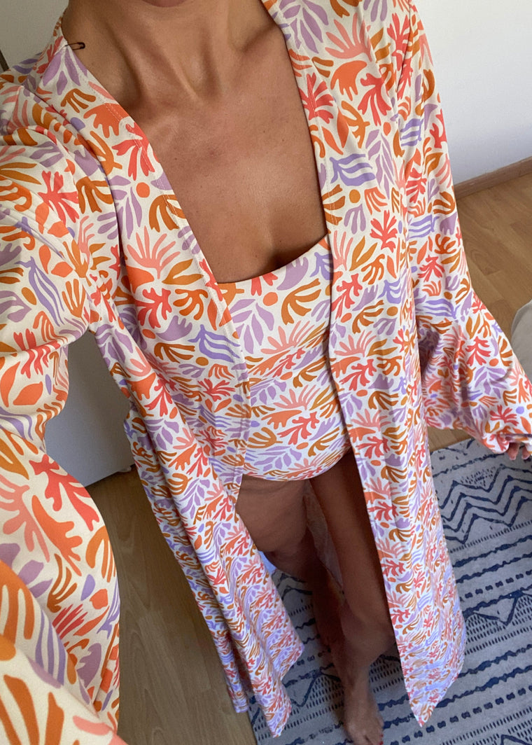 Cami Swimsuit & Maxi Kimono in Coral Print