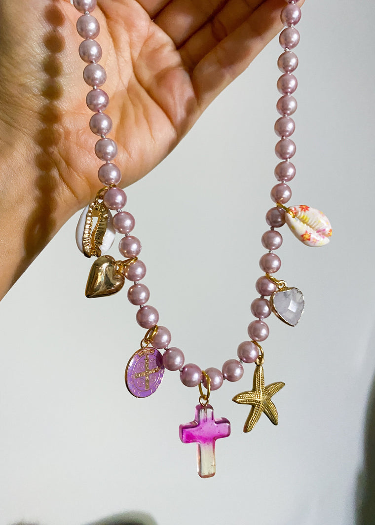 Pearl Charm Necklace in Pink & Gold