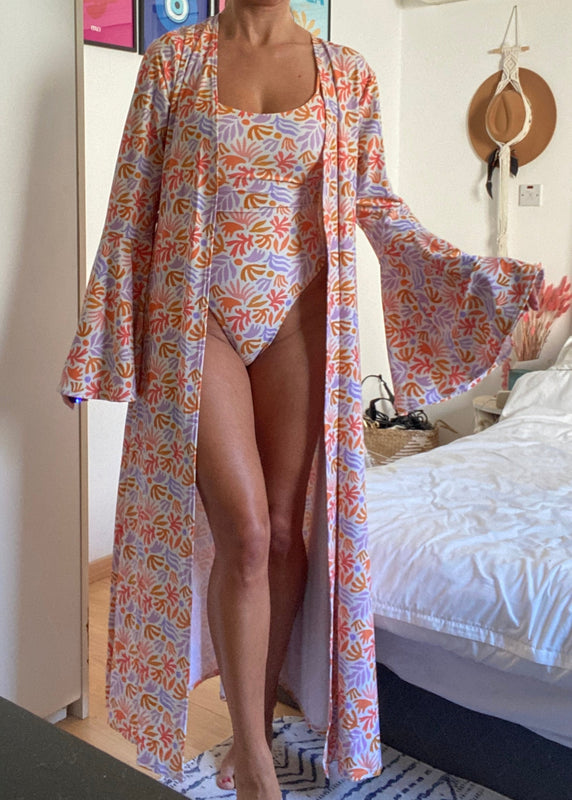 Cami Swimsuit & Maxi Kimono in Coral Print