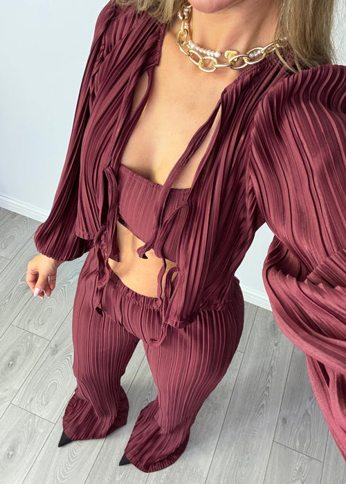 Tie Up Blouse & Trousers Set Burgundy Plisse