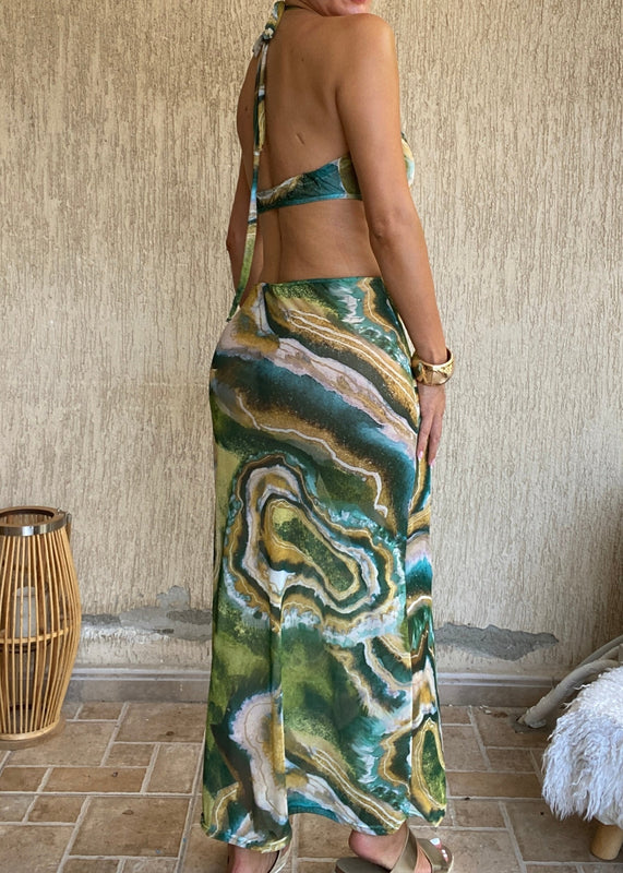 Cut Out Ring Maxi Dress in Green Swirl Mesh