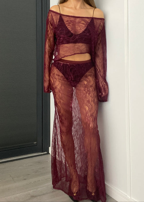 Lace Maxi Skirt Co-Ord in Burgundy