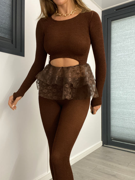 Long Sleeve Cut Out Peplum Top in Chocolate Brown