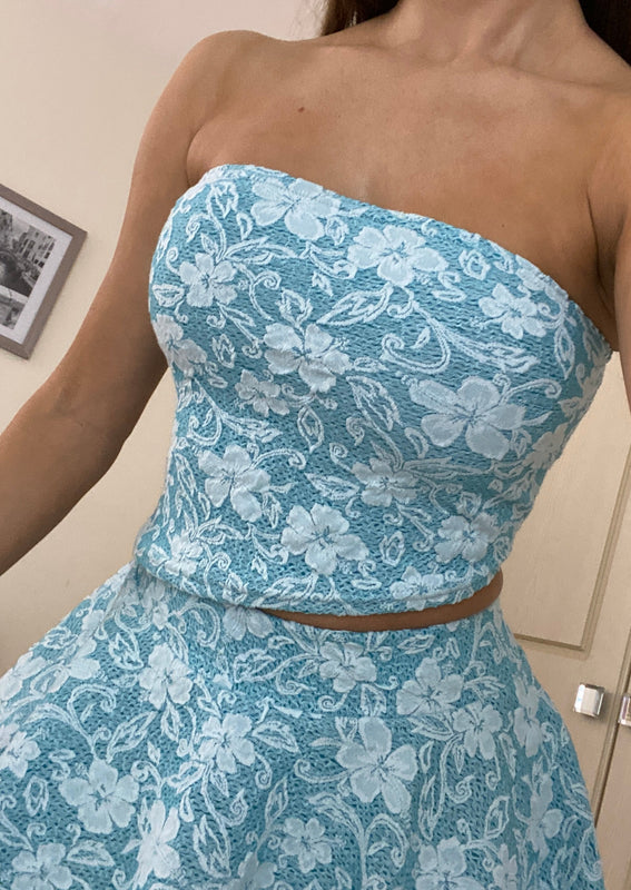 Hanky Hem Bandeau Co-Ord in Sky Blue Textured Lace Knit