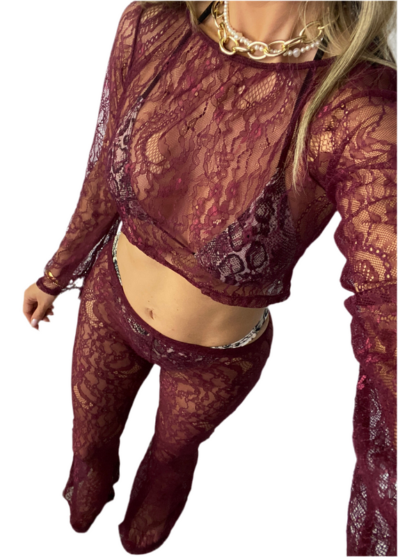 Cropped Top & Flares in Burgundy Lace