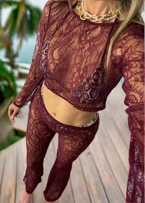 Cropped Top & Flares in Burgundy Lace