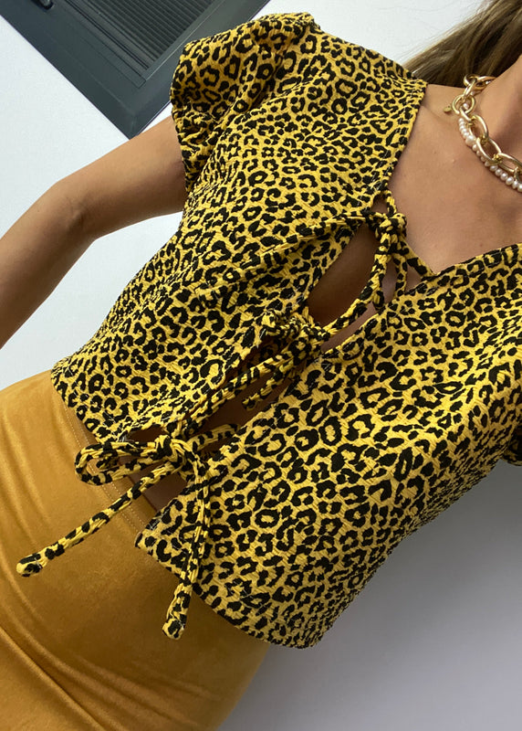 Tie Up Puff Sleeve Top in Textured Leopard