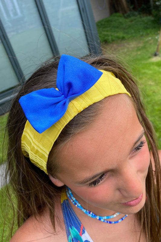 Rib Lycra Bow Headband in Yellow & Blue