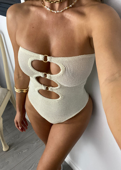 Crinkle Cut Outs Strapless Onepiece in Coconut Cream