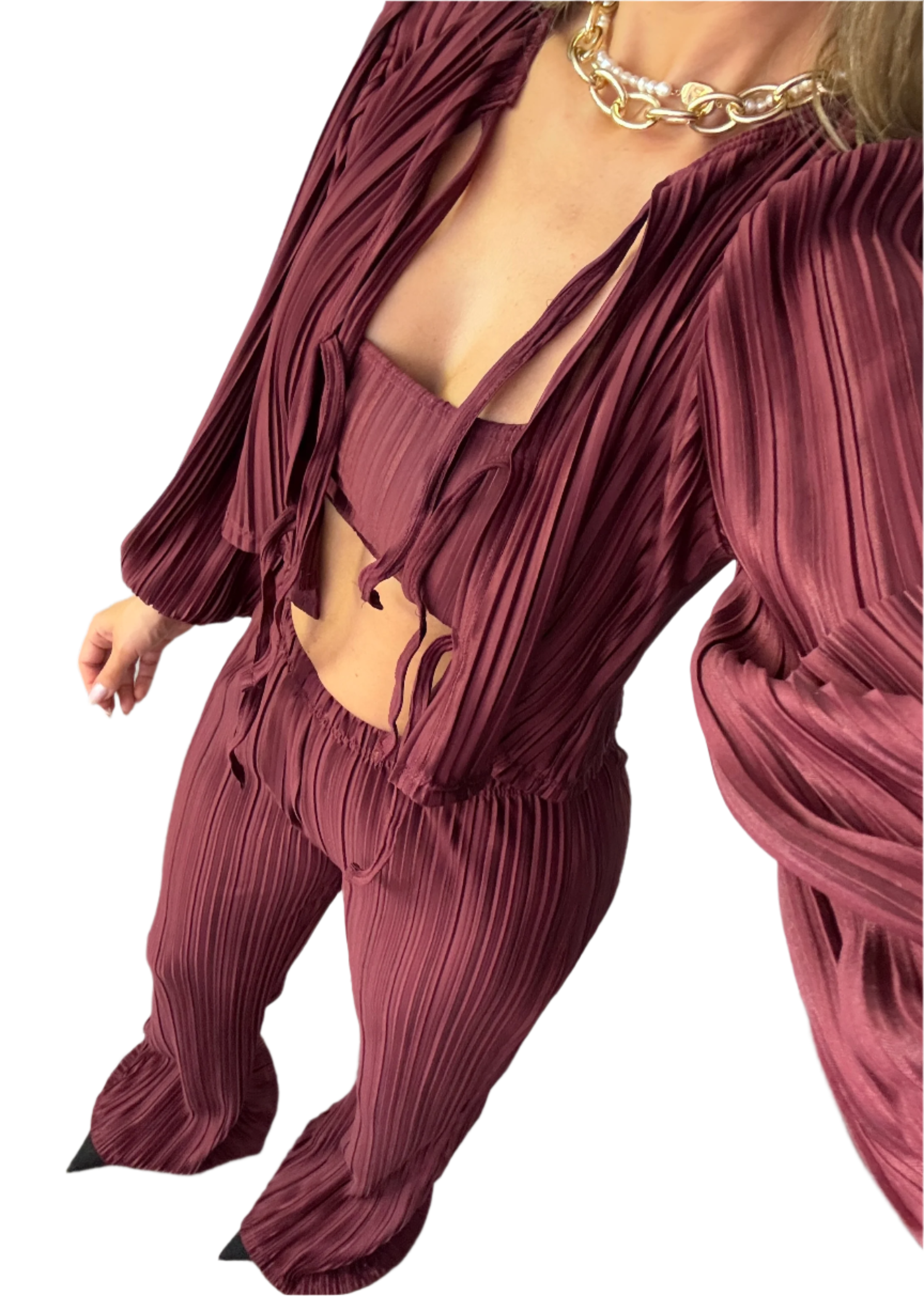 Tie Up Blouse & Trousers Set Burgundy Plisse