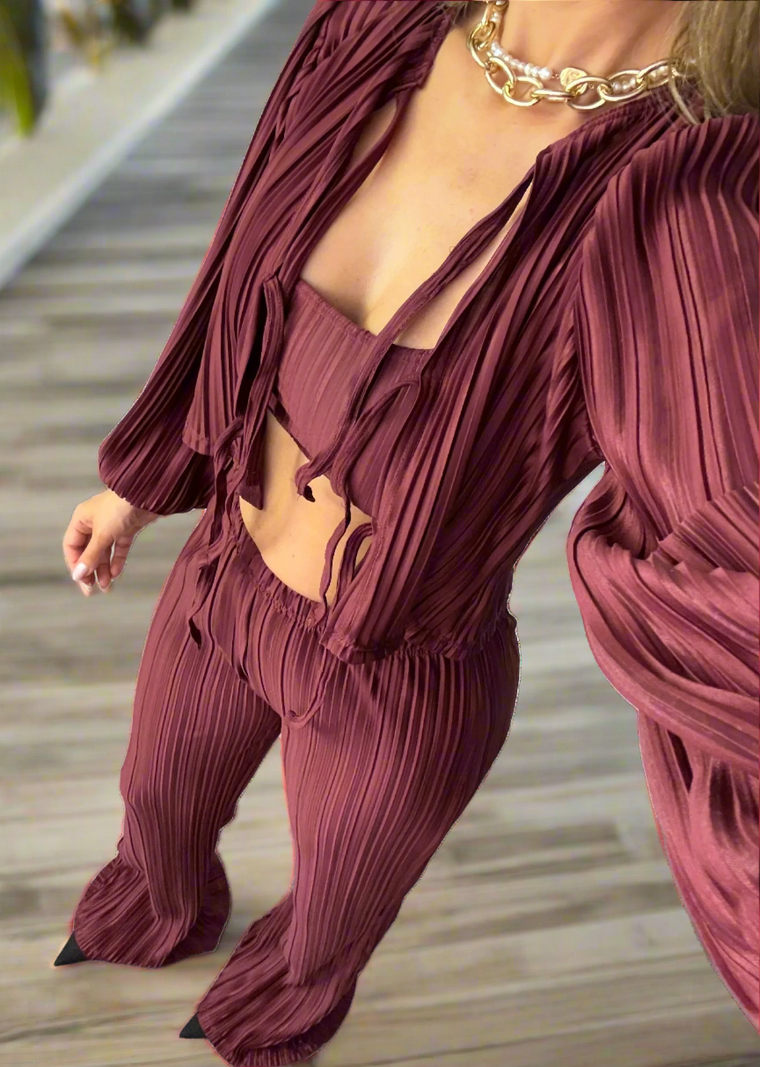 Tie Up Blouse & Trousers Set Burgundy Plisse