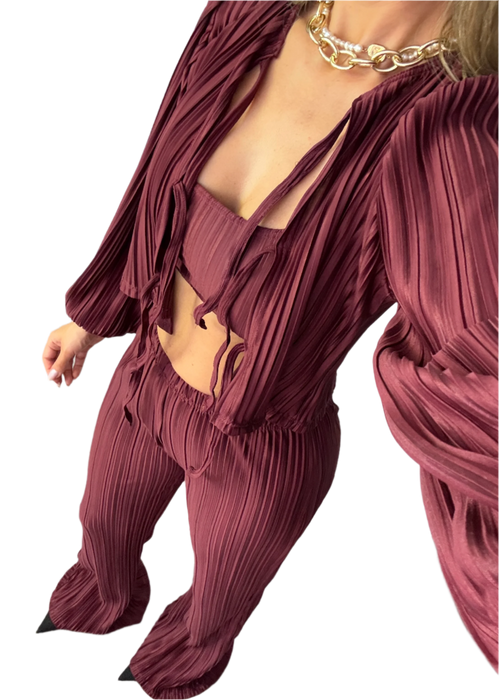 Tie Up Blouse & Trousers Set Burgundy Plisse