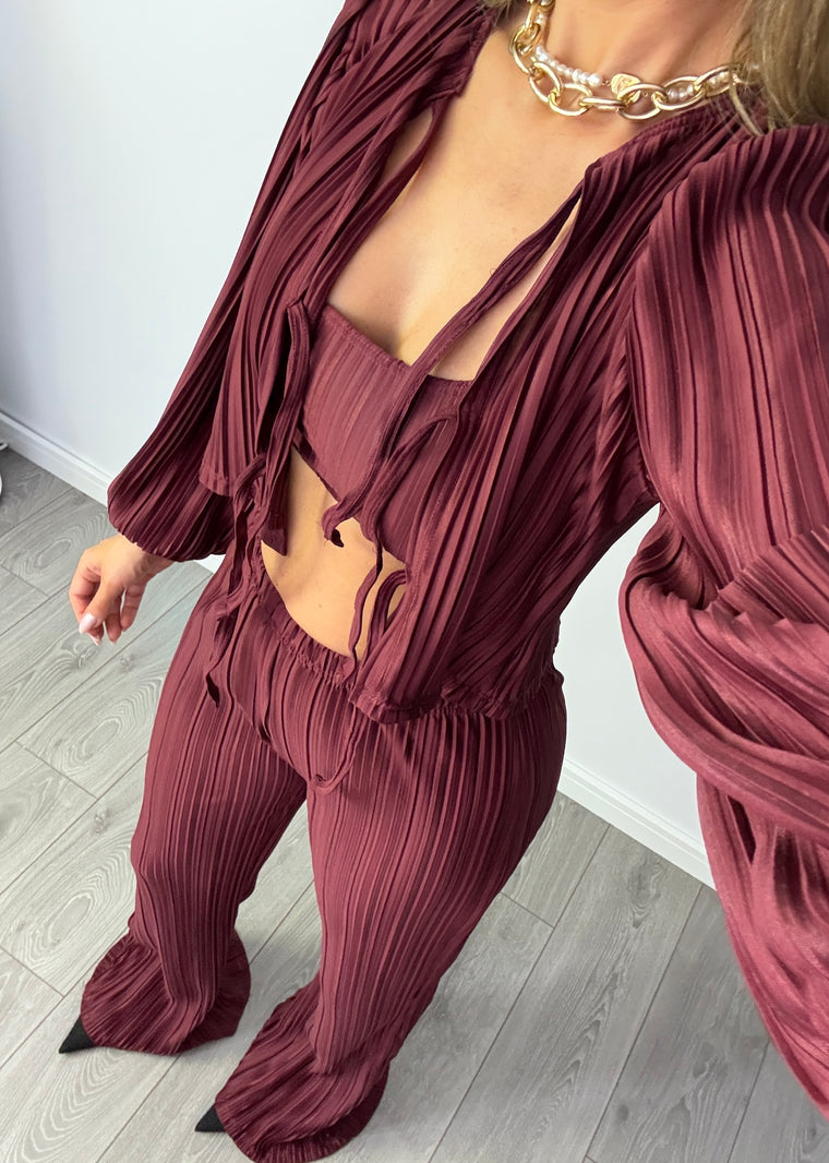 Tie Up Blouse & Trousers Set Burgundy Plisse