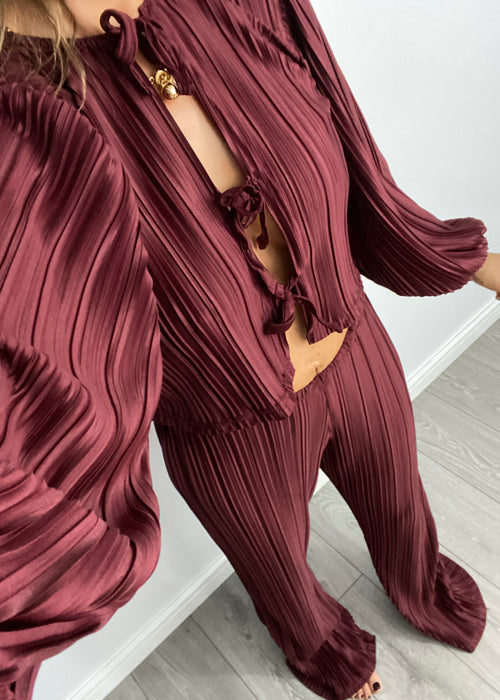 Tie Front Blouse & Trousers in Burgundy Plisse