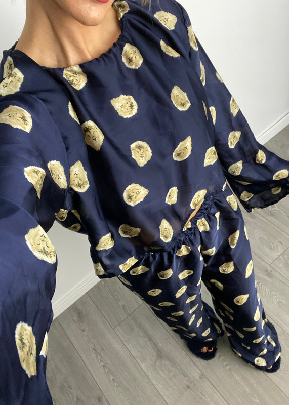 Navy Lion Satin PJ Suit