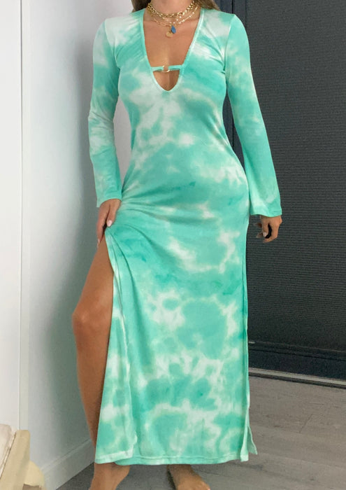 Beach Breeze Flare Sleeve Maxi Dress in Aqua